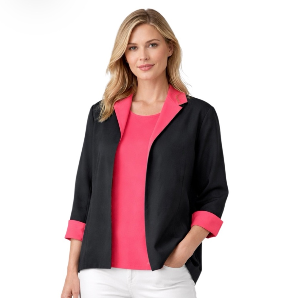 Jennifer Eden Two Piece Linen Like Black & Pink Blazer & Sleeveless Top Size 6
